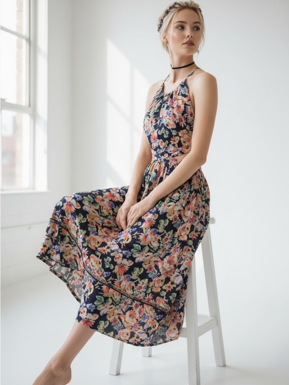 NWT Something Navy Floral Cut Out Midi Dress - Pick Your Size (S, L, XXL)